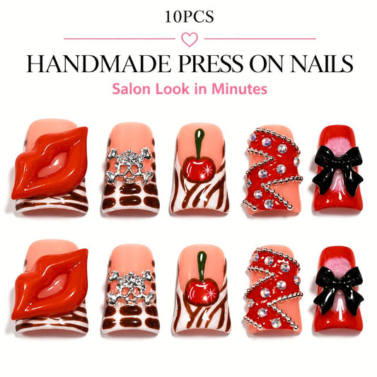 Short Duckbill Press On Nails 3D Red Lips Skull Cherry Bow Rhinestone – Zebra Stripe Polka Dot Sweet Cool Acrylic Nail Art Set for Party, Date Night & Daily Wear, 10pcs S/M/L with Tools