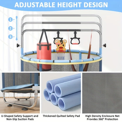 60 Inch Trampoline with Enclosure and Gymnastics Bar – 440 Lbs Capacity Height Adjustable Indoor Outdoor Round Trampoline with Toys for Kids | Best Birthday Gift for Boys and Girls