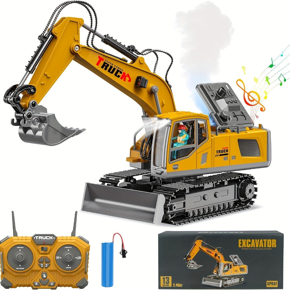 RC Excavator 120-Minute Battery Life Metal Shovel LED Lights – 13CH or 17CH Remote Control Construction Truck 1200mAh Rechargeable Digging Toy for Boys Ages 8+ Birthday Christmas Gift Yellow Gray