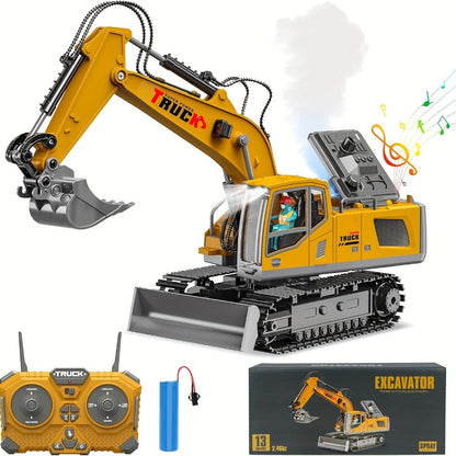 RC Excavator 120-Minute Battery Life Metal Shovel LED Lights – 13CH or 17CH Remote Control Construction Truck 1200mAh Rechargeable Digging Toy for Boys Ages 8+ Birthday Christmas Gift Yellow Gray