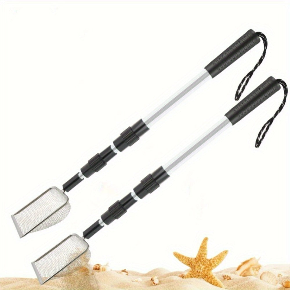 Stainless Steel Beach Sand Sifter with Retractable Telescopic Handle – Portable Sand Sieve for Treasure Hunting, Shell & Conch Collecting | Beach Tool for Kids & Adults, Doubles as Cat Litter Scoop