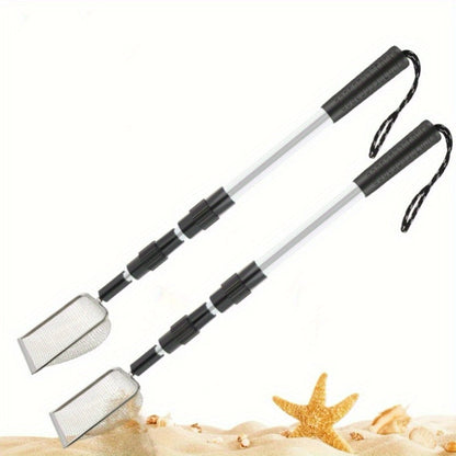 Stainless Steel Beach Sand Sifter with Retractable Telescopic Handle – Portable Sand Sieve for Treasure Hunting, Shell & Conch Collecting | Beach Tool for Kids & Adults, Doubles as Cat Litter Scoop