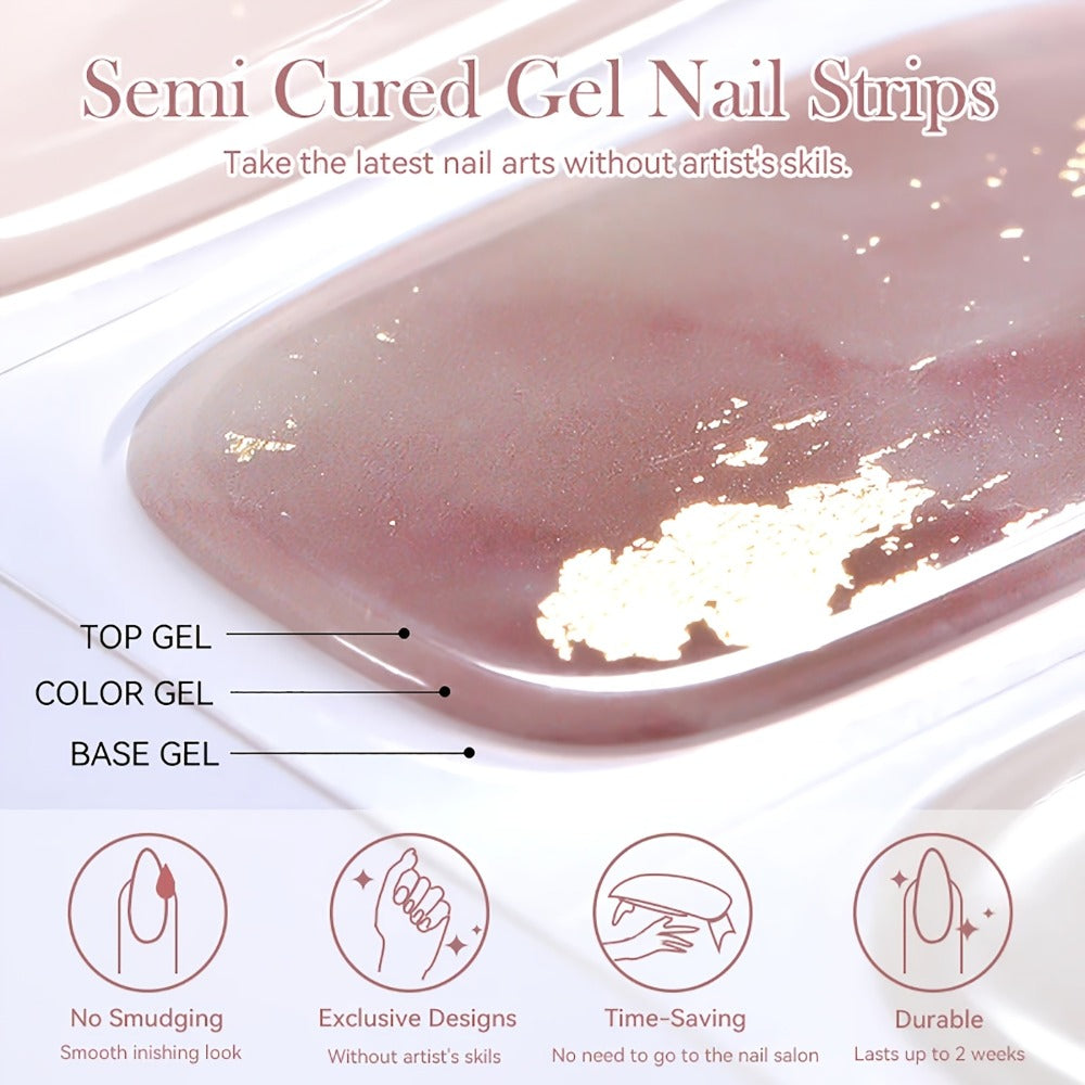 Gel Nail Art Kit Semi-Cured Nail Stickers 20 Designs with Portable UV Lamp Full Coverage Soft Gel Nail Patches Nude Nail Wraps for Women Party Birthday Gift Home Manicure
