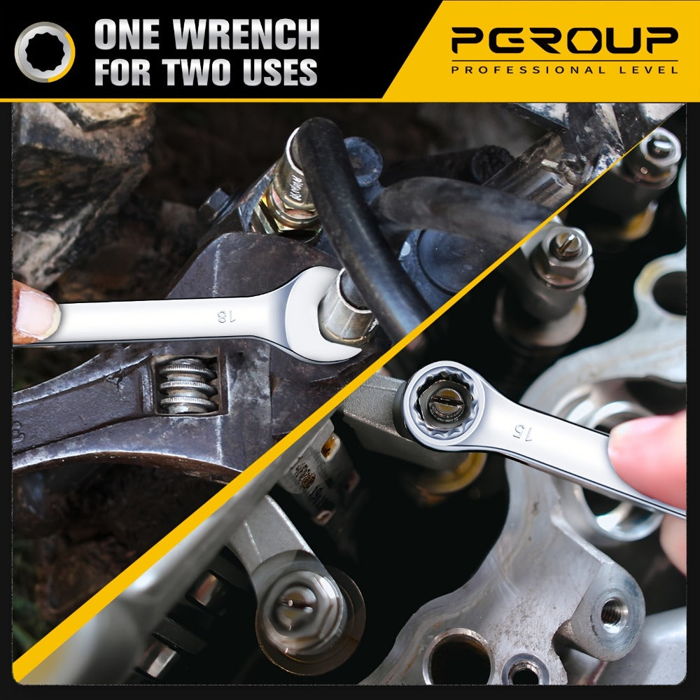 Combo Wrench Set SAE & Metric – CR-V Steel, Mirror Chrome Polished, Open & 12-Point Box Ends, Long & Short Reach, 14pc Metric (6-19mm) / 14pc SAE (1/4"-15/16") / 32pc Full Set