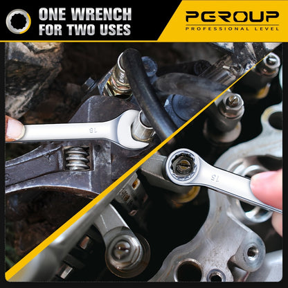 Combo Wrench Set SAE & Metric – CR-V Steel, Mirror Chrome Polished, Open & 12-Point Box Ends, Long & Short Reach, 14pc Metric (6-19mm) / 14pc SAE (1/4"-15/16") / 32pc Full Set