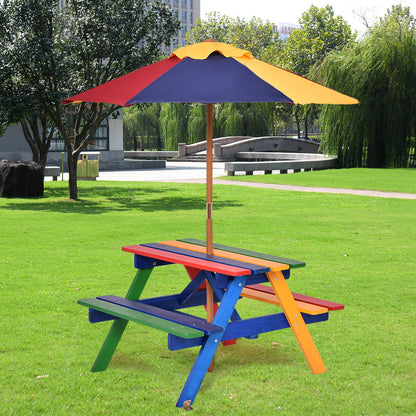 Kids Picnic Table Set with Umbrella Wood Table Bench Set for Toddlers Seats 4 Children Indoor Outdoor Backyard Rainbow Design Birthday Christmas Gift Boys Girls