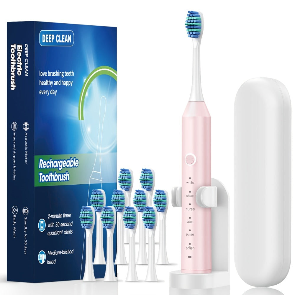 Rechargeable Toothbrush – 6 Cleaning Modes, 500mAh Lithium Battery, USB Charging, Soft Bristles, 4 or 8 Brush Heads, Black White Pink Electric Toothbrush for Adults Deep Clean & Whitening