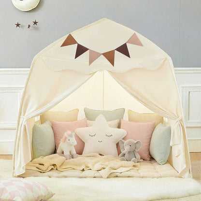 Play Tent for Kids Extra Large – Portable Foldable Teepee Indoor Outdoor Dome Playhouse with Flags, Bed Canopy Reading Nook for Boys Girls, Beige Pink Green Brown Cream 51–59 Inch