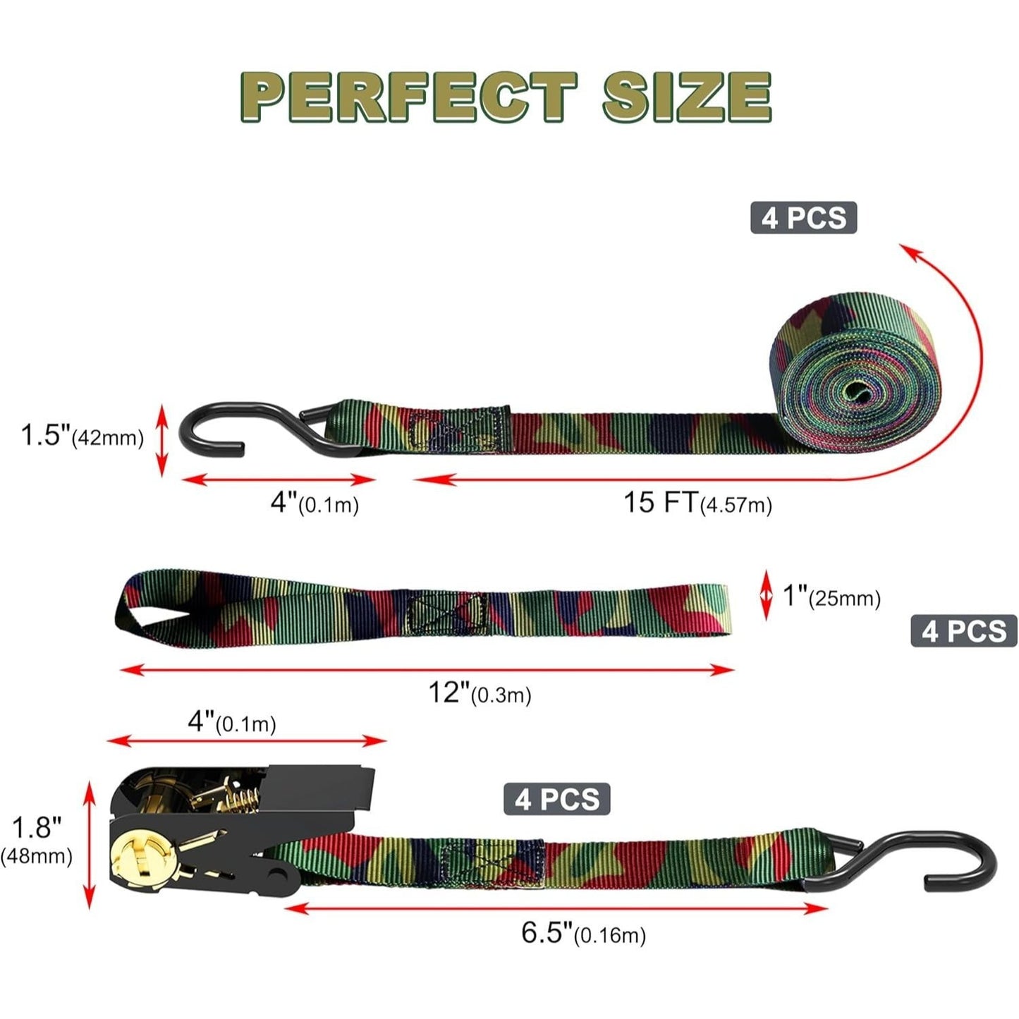 Ratchet Tie Down Straps 4-Pack 15FT 1,500 lb Break Strength Heavy Duty with Soft Loops & Storage Bag – High-Visibility Webbing for Motorcycle ATV Kayak Truck Bed Trailer Roof Rack