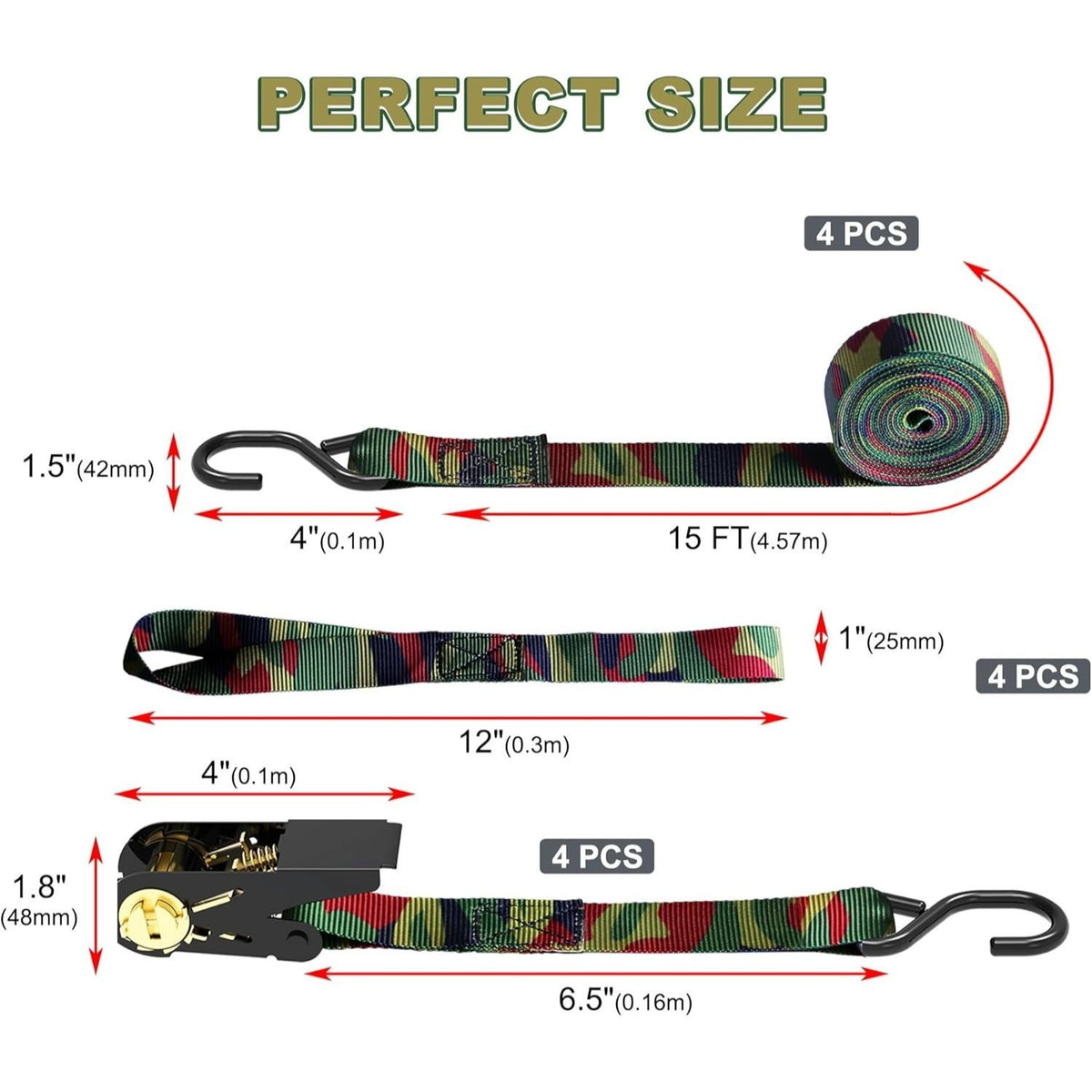 4-Pack Ratchet Tie Down Straps with 4 Soft Loops – 15FT, 1500 lbs Breaking Strength, Heavy Duty for Moving, Motorcycle, Lawn Gear, Multi-Color (Orange, Blue, Camo, Green, Red, Yellow)