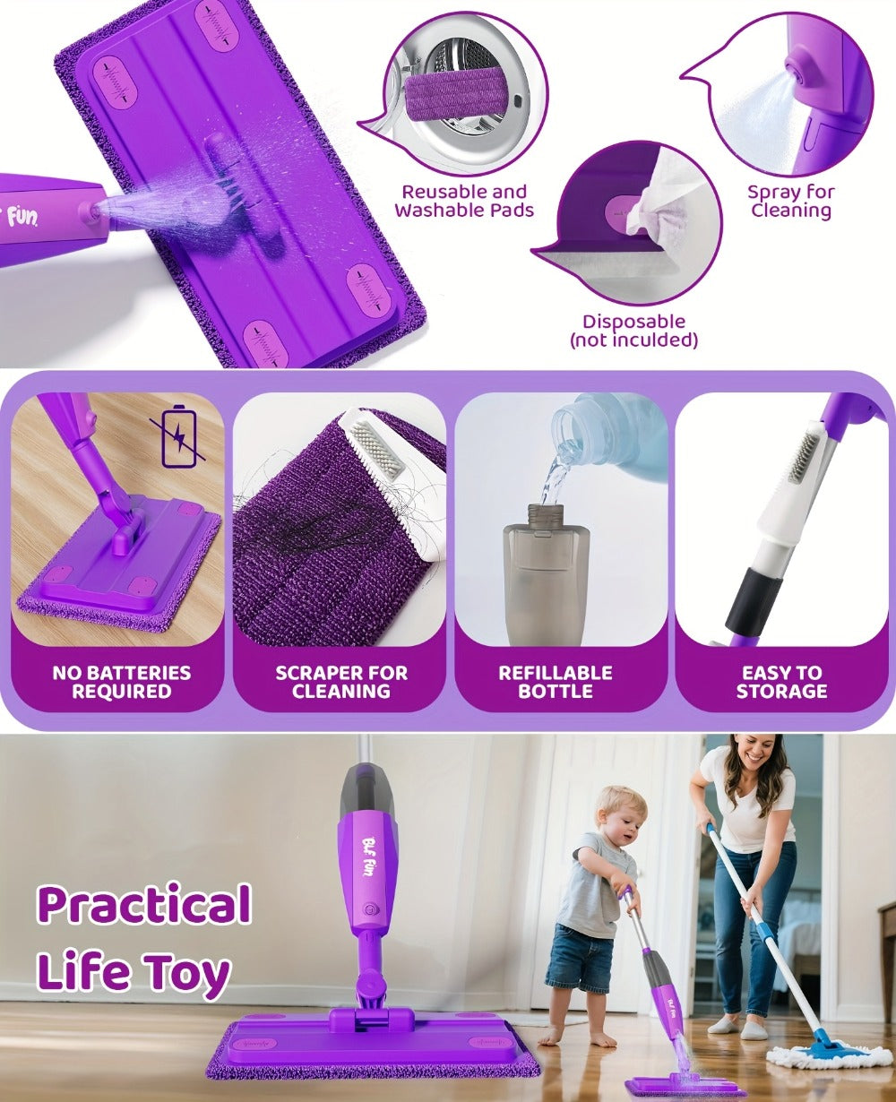 Kids Spray Mop Toy with Water Sprayer – Pretend Play Housekeeping Kit for Floor Cleaning | STEM Educational Toy, Birthday Gift for Boys & Girls Ages 3 4 5 6 7 8