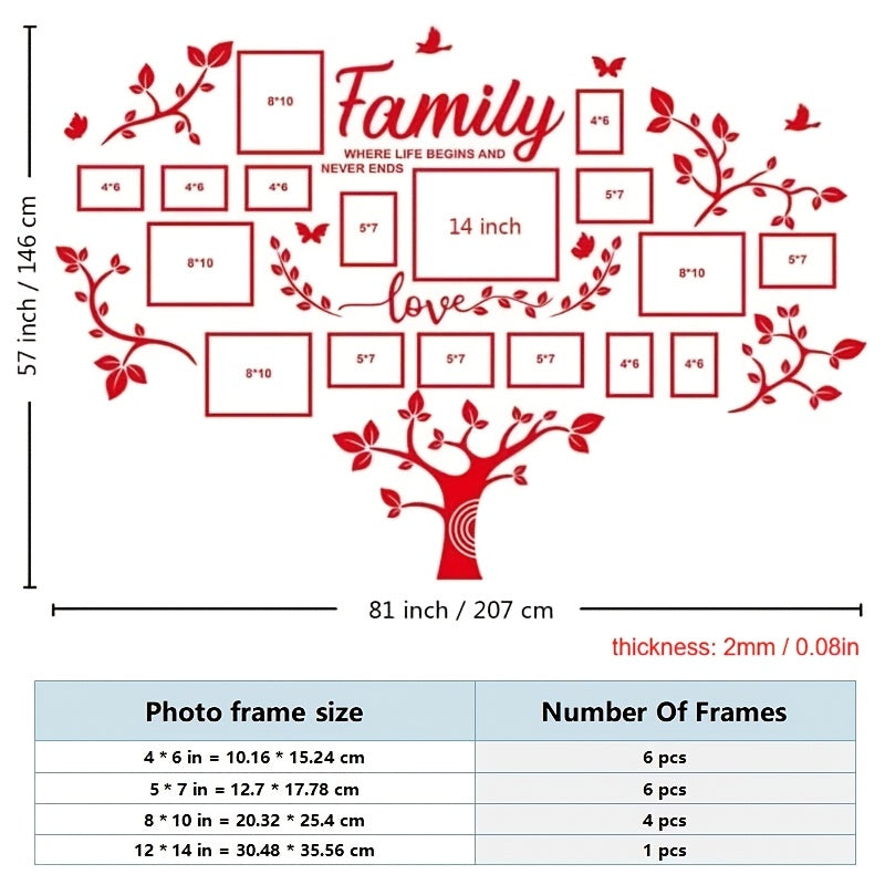 Family Tree Wall Sticker 3D Acrylic Photo Frame Collage – Removable Leaf-Shaped Picture Display with "Family" & "Love" Text, Peel & Stick Living Room Wall Decor, 81.5 x 57.48 Inches