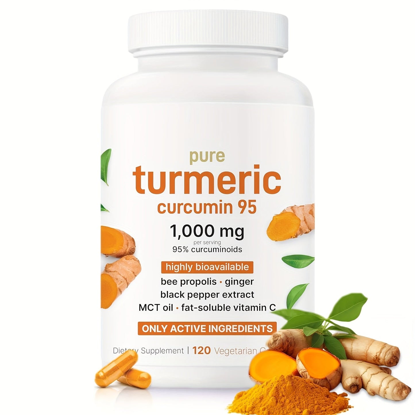 Turmeric Curcumin 1000mg 120 Capsules Triple Action Supplement with Ginger, Black Pepper & Bee Propolis for Heart, Brain & Joint Support, Natural Anti-Inflammatory for Men & Women