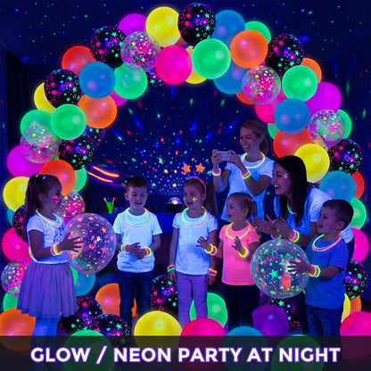 UV Neon Glow Balloons 42 Pcs Assorted – 12 Inch Blacklight Fluorescent Glow in the Dark Balloons with Neon Stars for Glow Party, Birthday, Wedding & Halloween Decorations