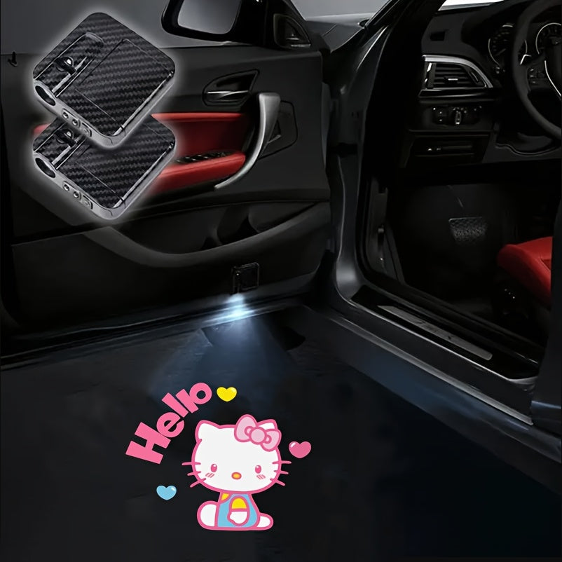 Car Door LED Projector Lights – Hello Kitty Cartoon Shadow Light, Wireless Puddle Light, Ground Projection Lamp for Car Accessories (Set of 2, No Battery)