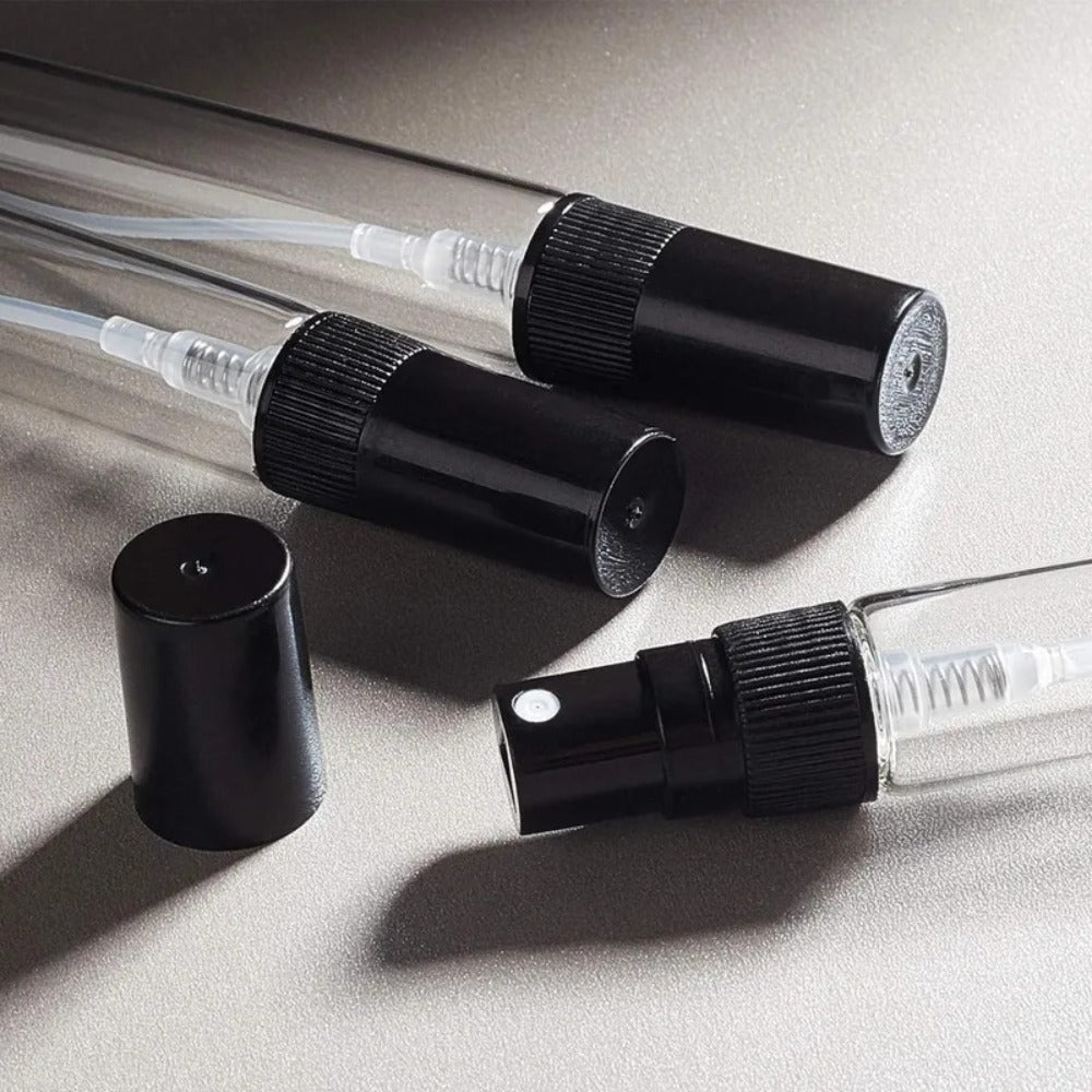 Mini Glass Spray Bottles 5ml 50 Pack Fine Mist Atomizer Refillable Black UV Glass Travel Perfume Bottles for Perfume Cologne Essential Oil Facial Mist Toner Setting Spray Sampling