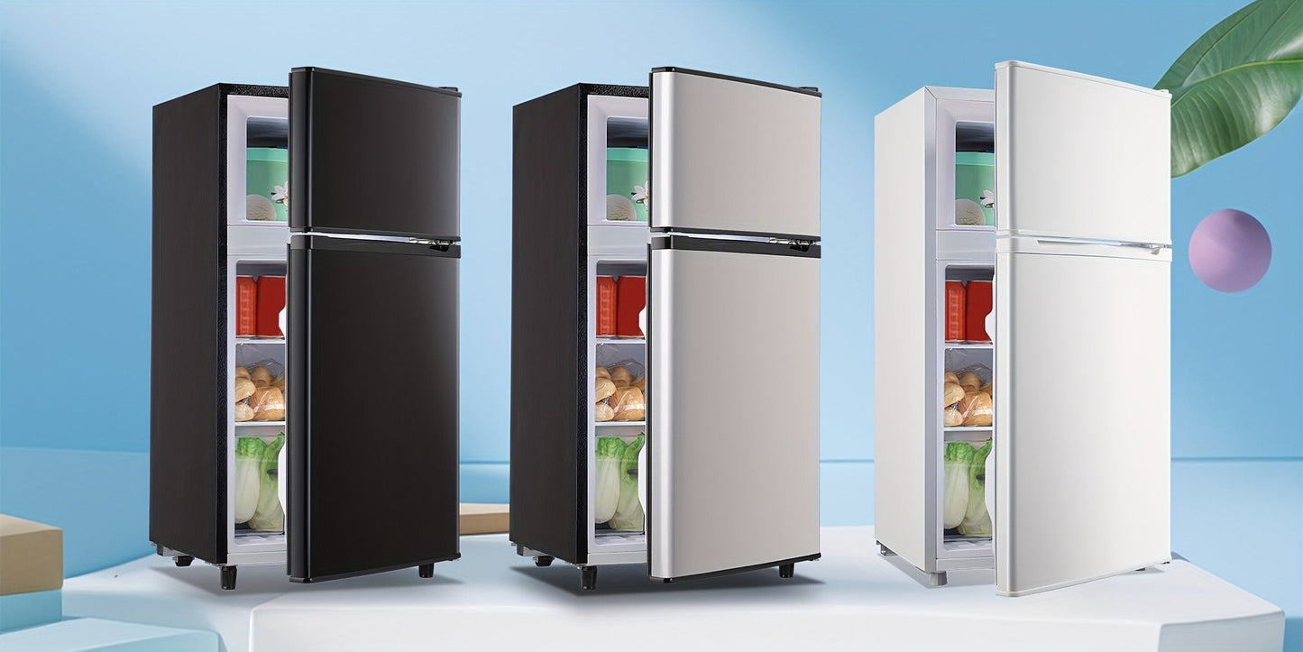 Small Fridge with Freezer, 2-Door Compact Refrigerator with 7-Level Adjustable Thermostat, Removable Shelves & Basket – 2.5 or 3.5 Cu Ft Silver Mini Fridge for Dorm, Office, RV and Bedroom