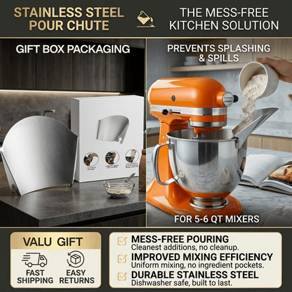 KitchenAid Pouring Chute Stainless Steel Stand Mixer Attachment - Universal Funnel Shield for Tilt-Head & Bowl-Lift 4.5-8 Qt, Anti-Splash Flour Dust Guard, Dishwasher Safe, Gift Box Included