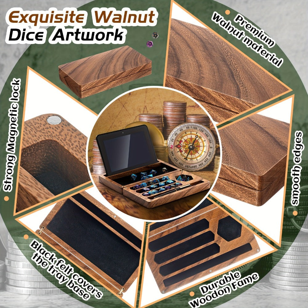 Walnut Dice Box & Rolling Tray 4.8x9 Inch Handmade – Magnetic Flip Lid, Dice Storage, Phone & Tablet Stand for Tabletop RPG Board Games, DnD Accessories & Gamer Gift