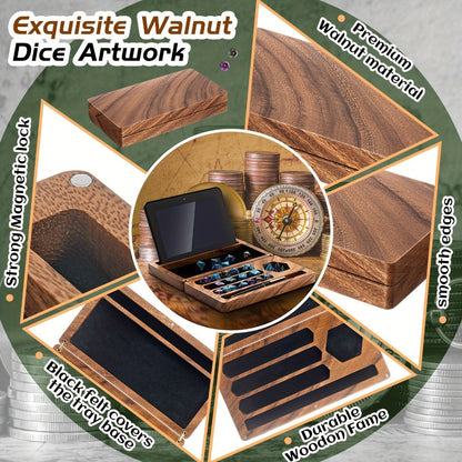 Walnut Dice Box & Rolling Tray 4.8x9 Inch Handmade – Magnetic Flip Lid, Dice Storage, Phone & Tablet Stand for Tabletop RPG Board Games, DnD Accessories & Gamer Gift