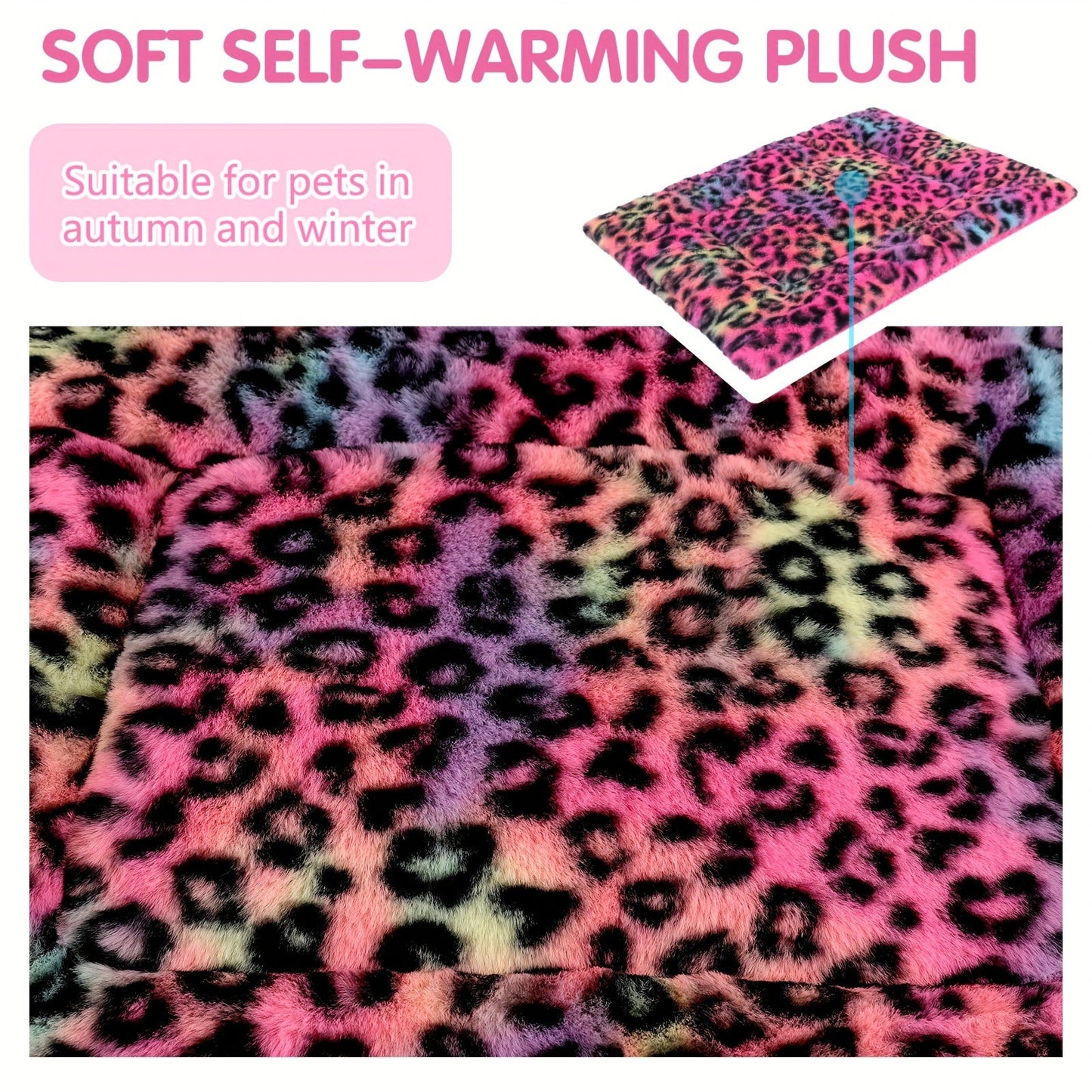 Reversible Plush Pet Mat Leopard Print Fleece Soft Warm Dog Cat Bed Pad Anti-Slip Machine Washable for Crate Car Sofa Floor Small Medium Large Breeds S M
