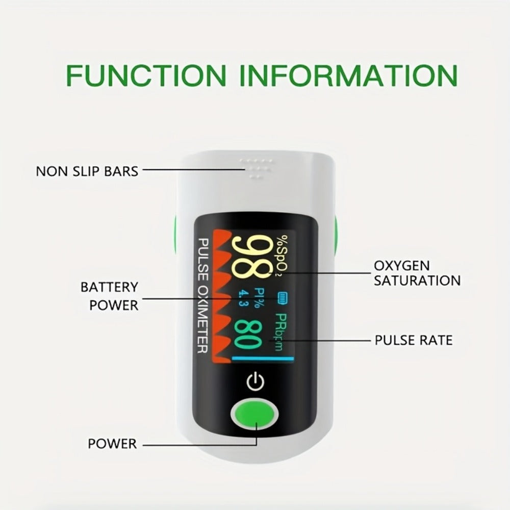 Fingertip Pulse Oximeter Blood Oxygen Monitor – SpO2, Heart Rate & Perfusion Index Display, Digital Finger Clip O2 Meter for Home Use & Sports, Batteries Included