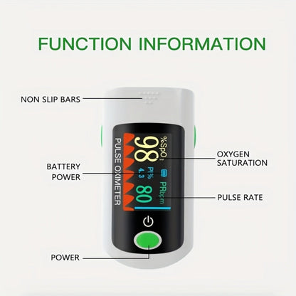 Fingertip Pulse Oximeter Blood Oxygen Monitor – SpO2, Heart Rate & Perfusion Index Display, Digital Finger Clip O2 Meter for Home Use & Sports, Batteries Included