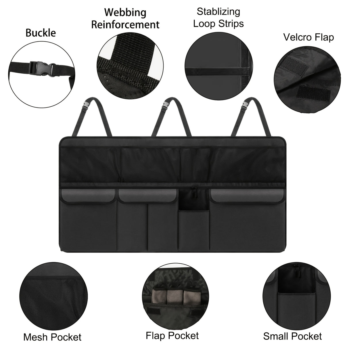 QIANKUNBAG Car Trunk Organizer, Large Capacity Vehicle Backseat Hanging Storage Bag with 9 Pockets, Space Saving Auto Seat Back Cargo Organizing Additions, Universal for SUV, Truck, Van