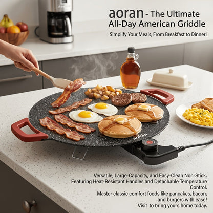 Electric Griddle Non-Stick with Adjustable Temperature – 14.17" & 15.75" Sizes, Fast Heating for Pancakes, Crepes, Pizza & BBQ, Easy Clean Portable Cooking Pan for Breakfast & Family Meals