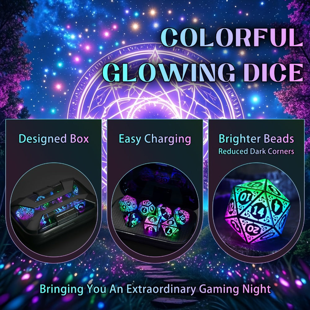 LED Dice Set 7pcs Wireless Rechargeable Light Up – Colorful Glowing Polyhedral Dice with Charging Box, D4 D6 D8 D10 D12 D20 for DnD RPG Tabletop Games, Gamer Gift Halloween Christmas Birthday