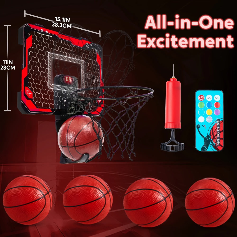 Indoor Basketball Hoop for Kids Over the Door – Light Up LED Scoreboard 4 Balls Air Pump 3 Game Modes 7 Light Shows, Active Sport Toy Gift for Boys Girls Ages 3 to 14 (Red)