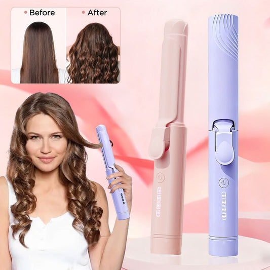 Mini Cordless Curling Iron USB Rechargeable for Women — Ceramic 2-in-1 Curl & Straighten, 4 Temperature Settings, Portable Travel Hair Styler, Pink & Purple
