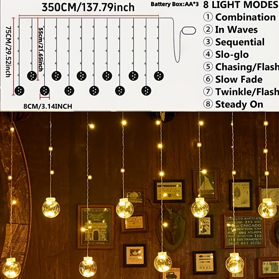 118.11" Wishing Ball String Lights with Remote Control, 2025 New Model, 8 Lighting Modes, 108 Leds, 12 Wishing Balls, Wall-Mounted, Plastic, for Home Gatherings, Party, Indoor Holiday Decorations, Car Additions, Room Decor, Mother'S Day Gifts