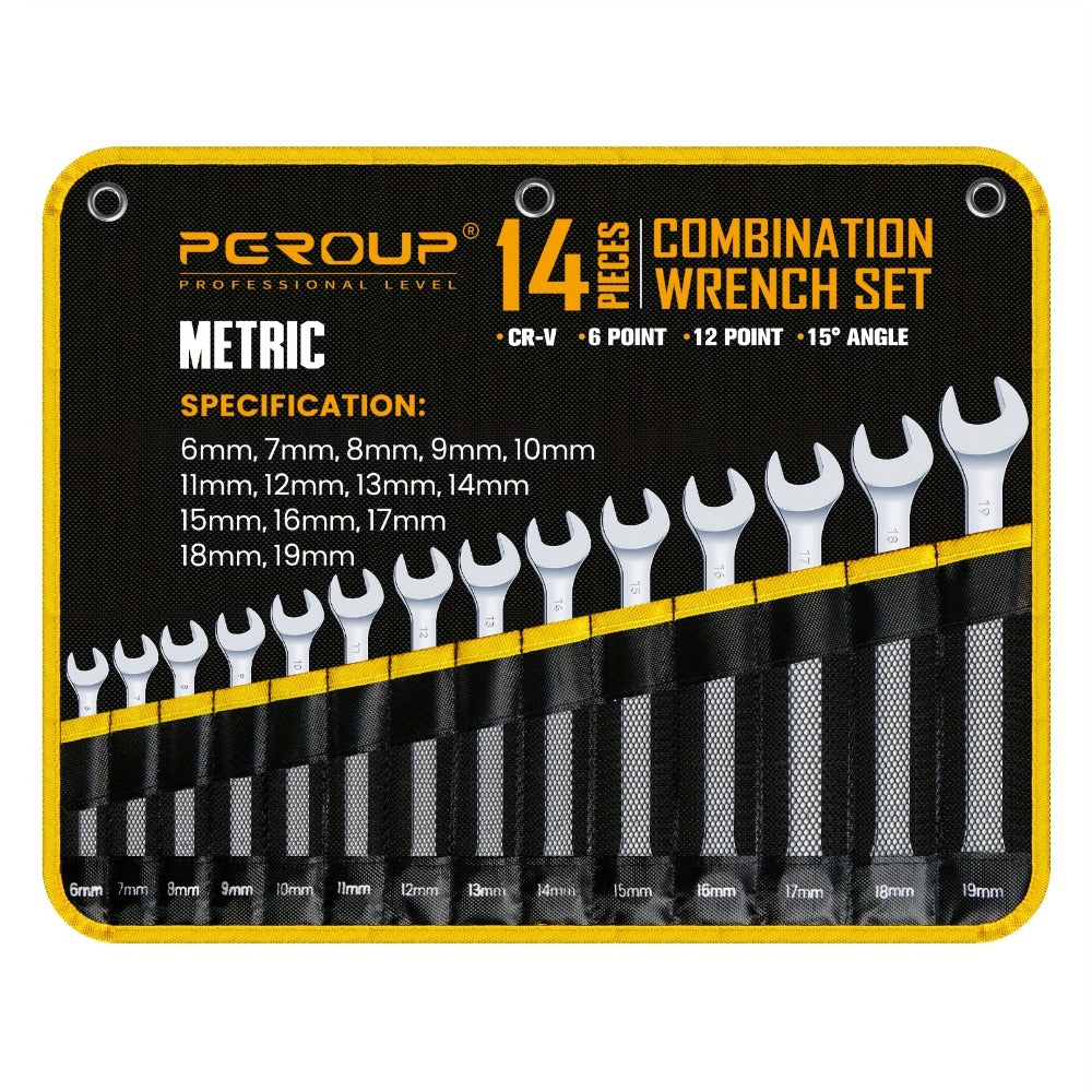 Combo Wrench Set SAE & Metric – CR-V Steel, Mirror Chrome Polished, Open & 12-Point Box Ends, Long & Short Reach, 14pc Metric (6-19mm) / 14pc SAE (1/4"-15/16") / 32pc Full Set