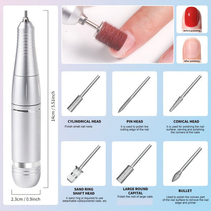 Electric Nail Drill Kit 45000 RPM LCD Display USB Rechargeable Portable E-File Acrylic Gel Removal Polishing Forward Reverse Low Noise Home Salon Manicure Pedicure Gradient Grey White