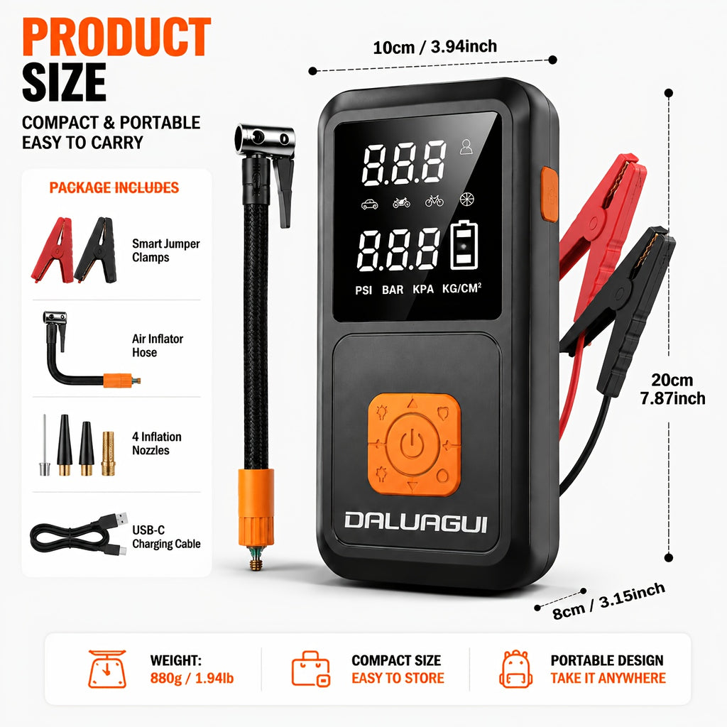DALUAGUI 10000A 17-In-1 Portable Jump Starter with Air Compressor, Car Jump Starter, Multi-Function Power Pack with Tire Inflator, LED Light & Power Bank, for 12V Vehicles (All Gas And Diesel Engines), Cars, Trucks, Suvs, Rvs, And Motorcycles