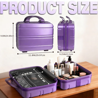Hard Shell Makeup Travel Case Waterproof Pressure-Proof Portable Cosmetic Suitcase with Elastic Band Luggage Attachment Carry-On Organizer for Women Travel Camping Gym 30x25x15cm