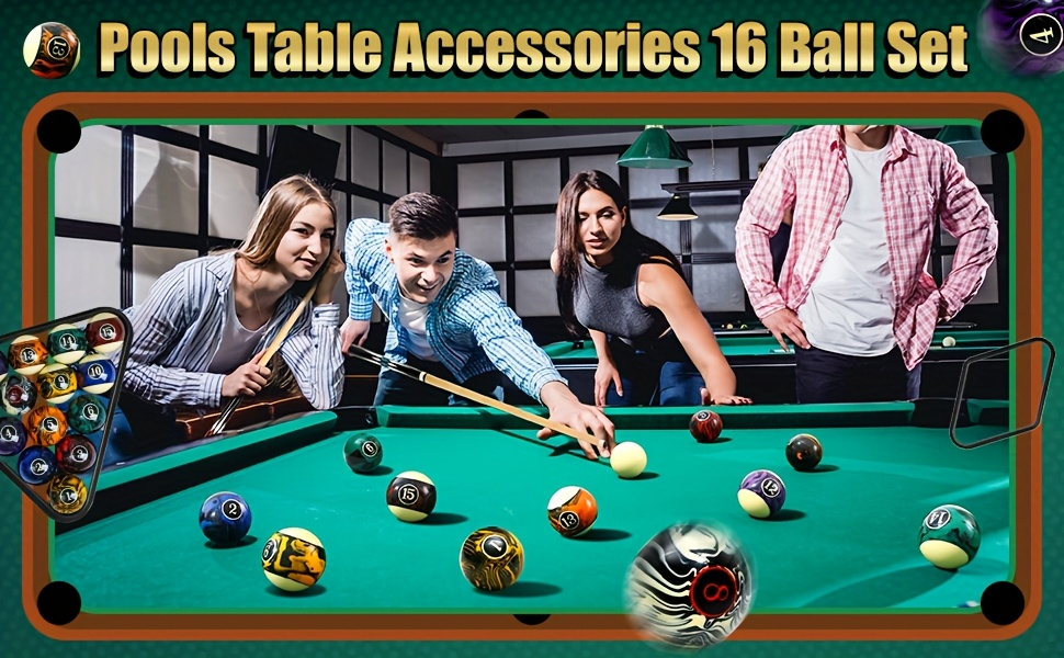Pool Balls Billiard Set 20 Piece Complete Kit with 16 Fancy Billiard Balls 2 Diamond Pool Cue Sticks and 2 Ball Racks Full Billiard Table Accessories for Adults Men Home Office Bar Entertainment
