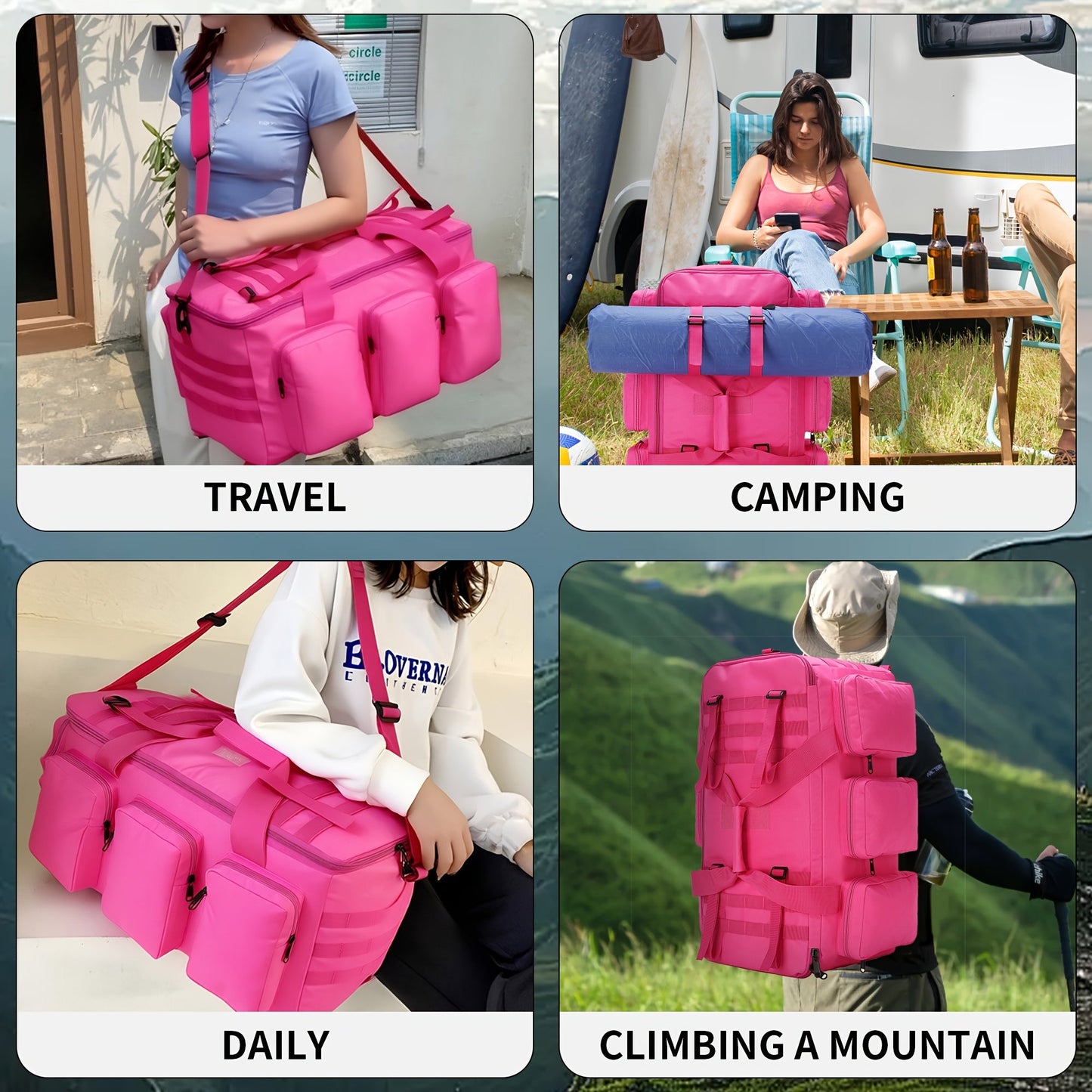 Convertible Travel Duffel Bag 3-in-1 Rose Red 50L – Weekender Backpack & Gym Bag for Men & Women, Sports, Camping & Daily Use, Large Capacity Carry-On with Multiple Carry Modes