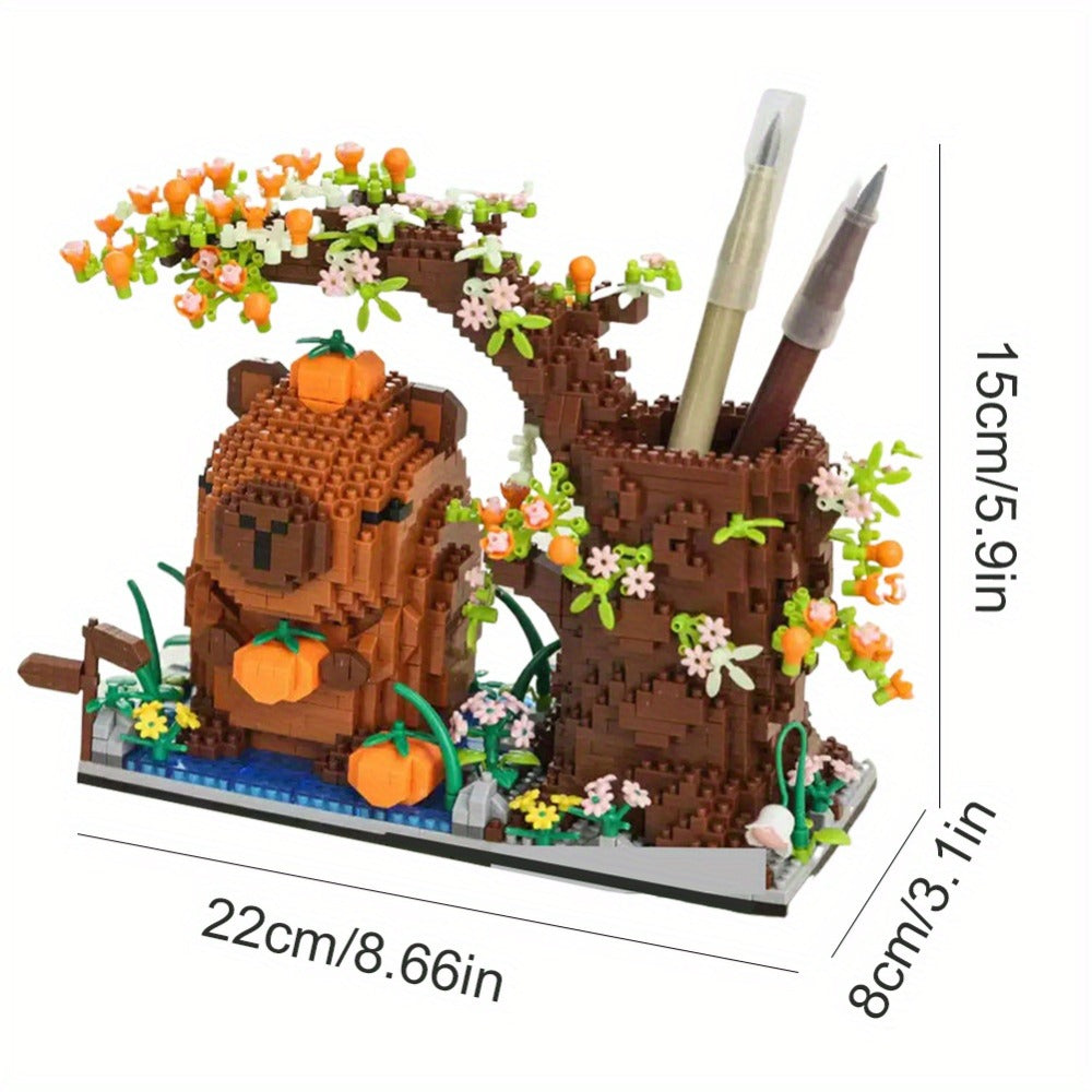 Capybara Building Block Pen Holder 1880pcs – Micro Brick Desk Organizer Pencil Cup Functional Cute Animal Desktop Decoration STEM Gift for Kids Teens Adults Office Home Birthday Christmas
