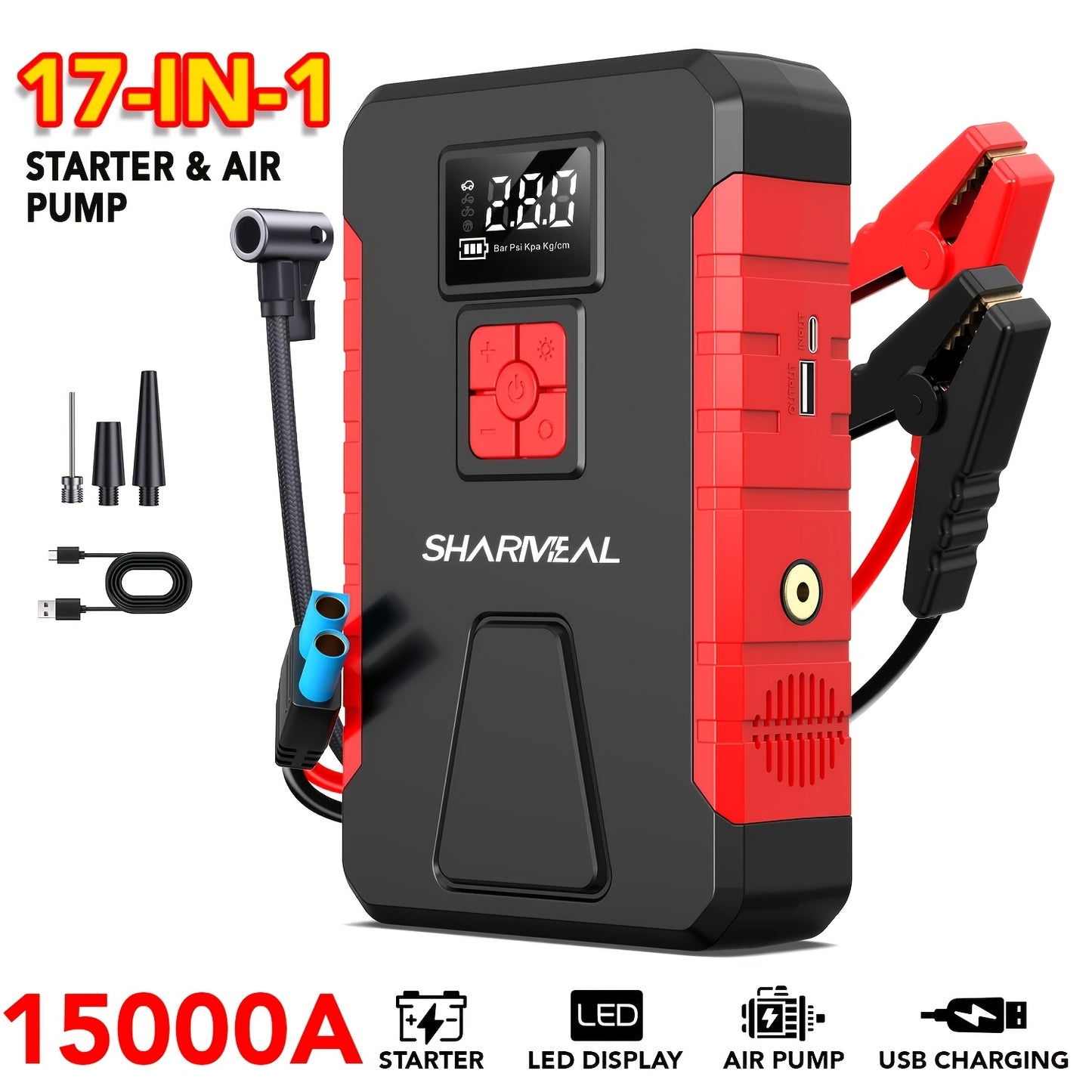 [Portable Jump Starter] 15000A-19000A Peak 350PSI 12V 17-in-1 Portable Jump Starter with Air Compressor Jump Starter, Car Battery Charger, Car Jump Starter with Air Compressor, Jump Starter Para, Car Accessories Tools, LED Light, Battery Charger, Cart Bat