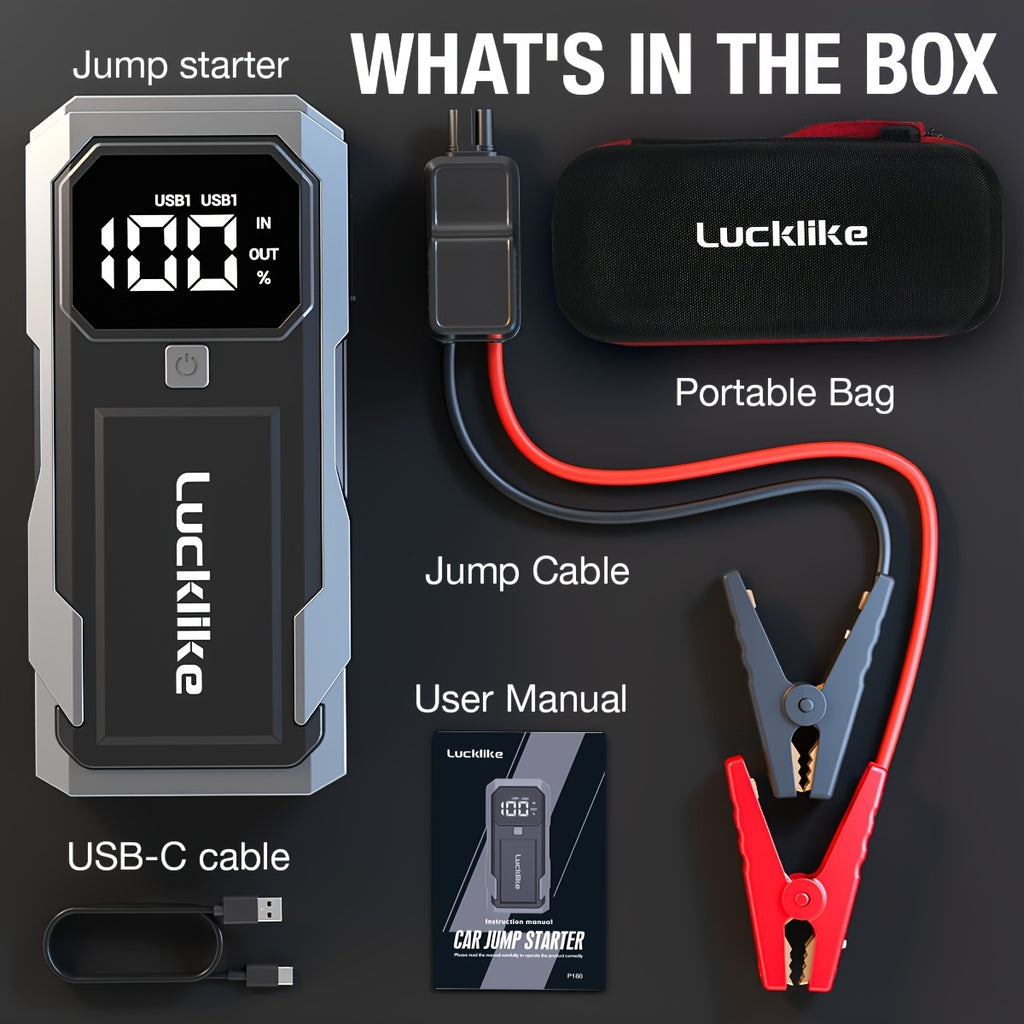 5000A Portable Car Battery Jump Starter And 12V Car Battery Charger - Lucklike Battery Pack for 2.11gal Gas/1.85gal Diesel Engines, Jump Box with Quick Charge, Intelligent Jumper Cables, LED Light, And High-Capacity Power Bank