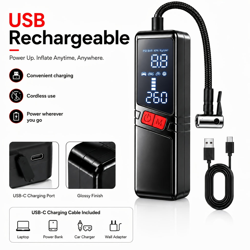 12000APortable Wireless Car Air Compressor Inflator Hand Pump with LED Lighting, Suitable for Cars/motorcycles/bicycles