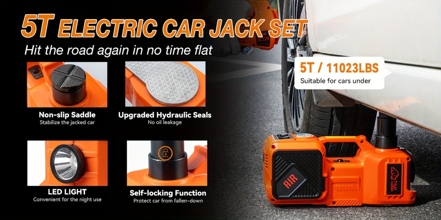 5 Ton Electric Hydraulic Car Jack with Built-in Air Pump – Portable Car Lift for SUV MPV Truck, Tire Replacement & Emergency Roadside Use, Optional Electric Impact Wrench
