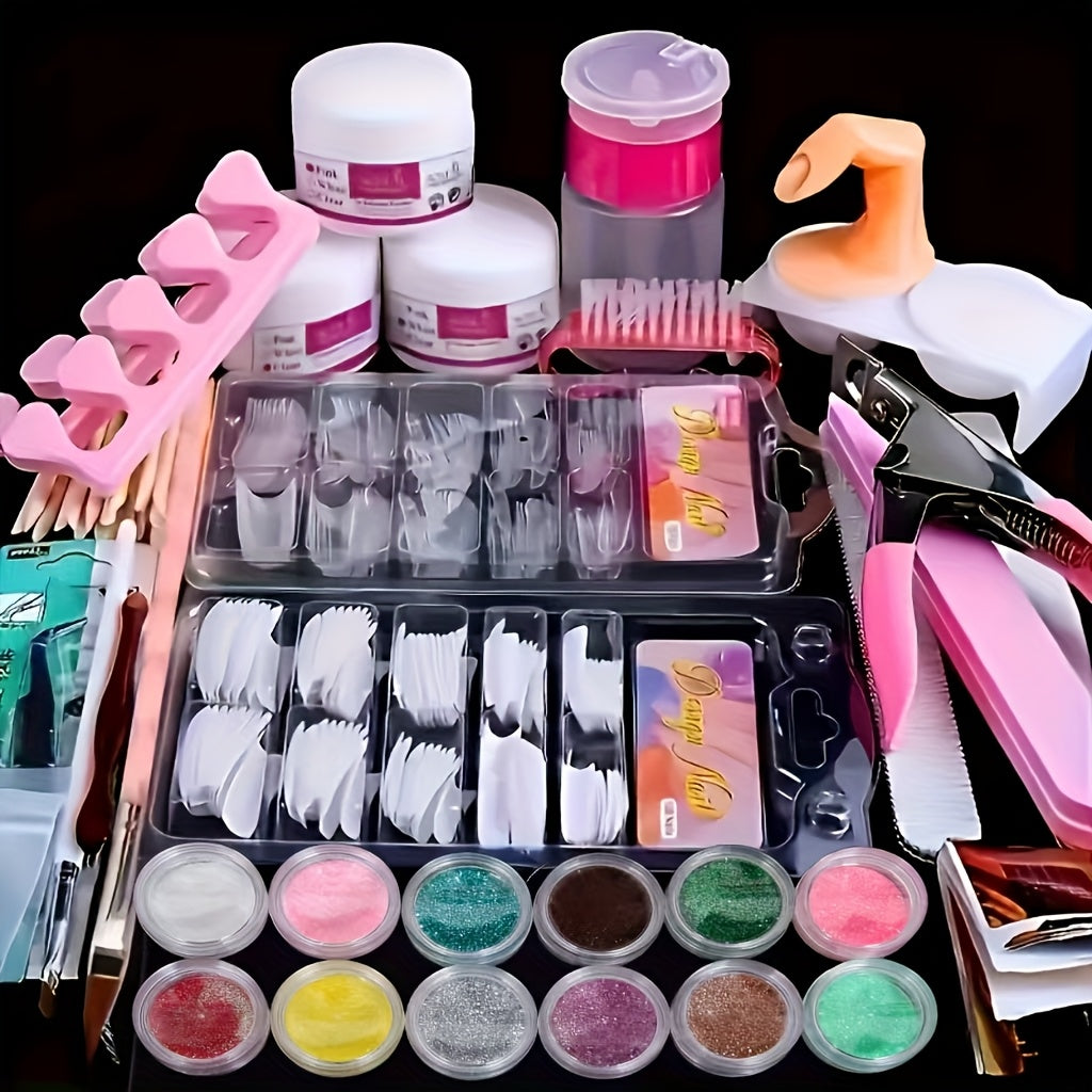 Acrylic Nail Kit 23-in-1 Complete Set with 12 Glitter Colors White & Pink Powder - DIY Nail Extension System No Glue No Liquid Needed for Beginners & Pros, Home Salon Manicure Kit for Women