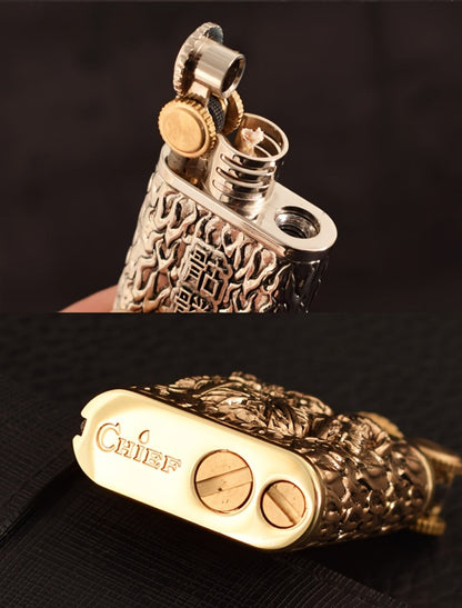 Kerosene Lighter 2-in-1 Permanent Match Flint Wheel Refillable – Golden Windproof Pocket Lighter with Built-In Match Strike, Unique Gift for Men, Father’s Day & Outdoor Use