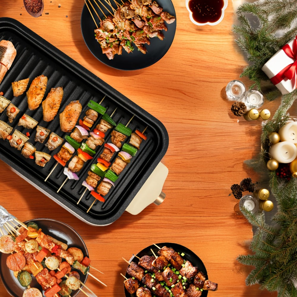 Indoor Electric Smokeless Grill 1500W – Raclette Table Grill with 3 Mini Pans, 16x9" Non-Stick Detachable Plate, Dishwasher Safe, Portable for Home Kitchen