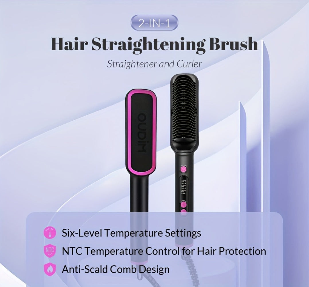6-Setting Ionic Hair Straightener Brush with Fast Heat-Up & Anti-Scald Protection – Precise Temperature Control Flat Iron Straightening Comb for Women, All Hair Types, Home & Salon Use