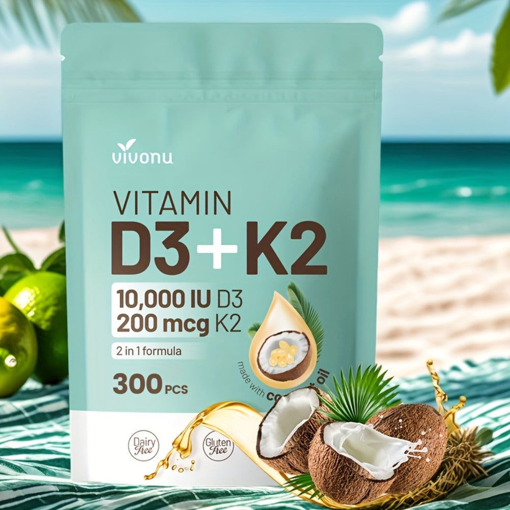 Vitamin D3 K2 Softgels with Coconut Oil – 2-in-1 Premium Bone, Heart & Immune Support Formula for Women & Men | Easy-to-Swallow | 300 Softgels per Pack