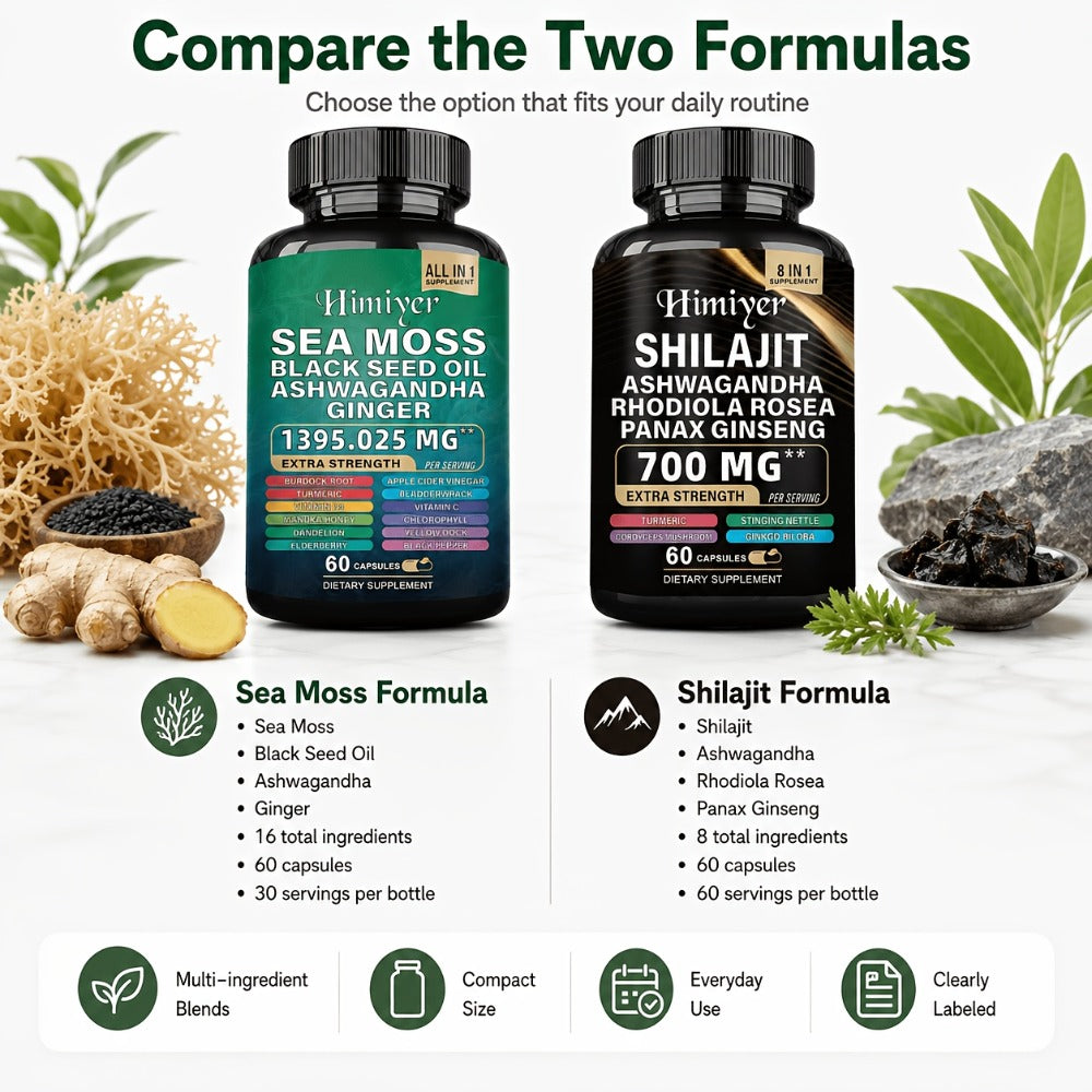 Sea Moss & Shilajit Supplement Bundle 10 Bottles – 12-in-1 Sea Moss + 8-in-1 Shilajit with Ashwagandha, Black Seed Oil, Ginseng & Bladderwrack | Morning & Evening Energy Formula for Men & Women
